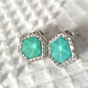 Silver-tone post asymmetrical hexagonal earrings mint green with rhinestones